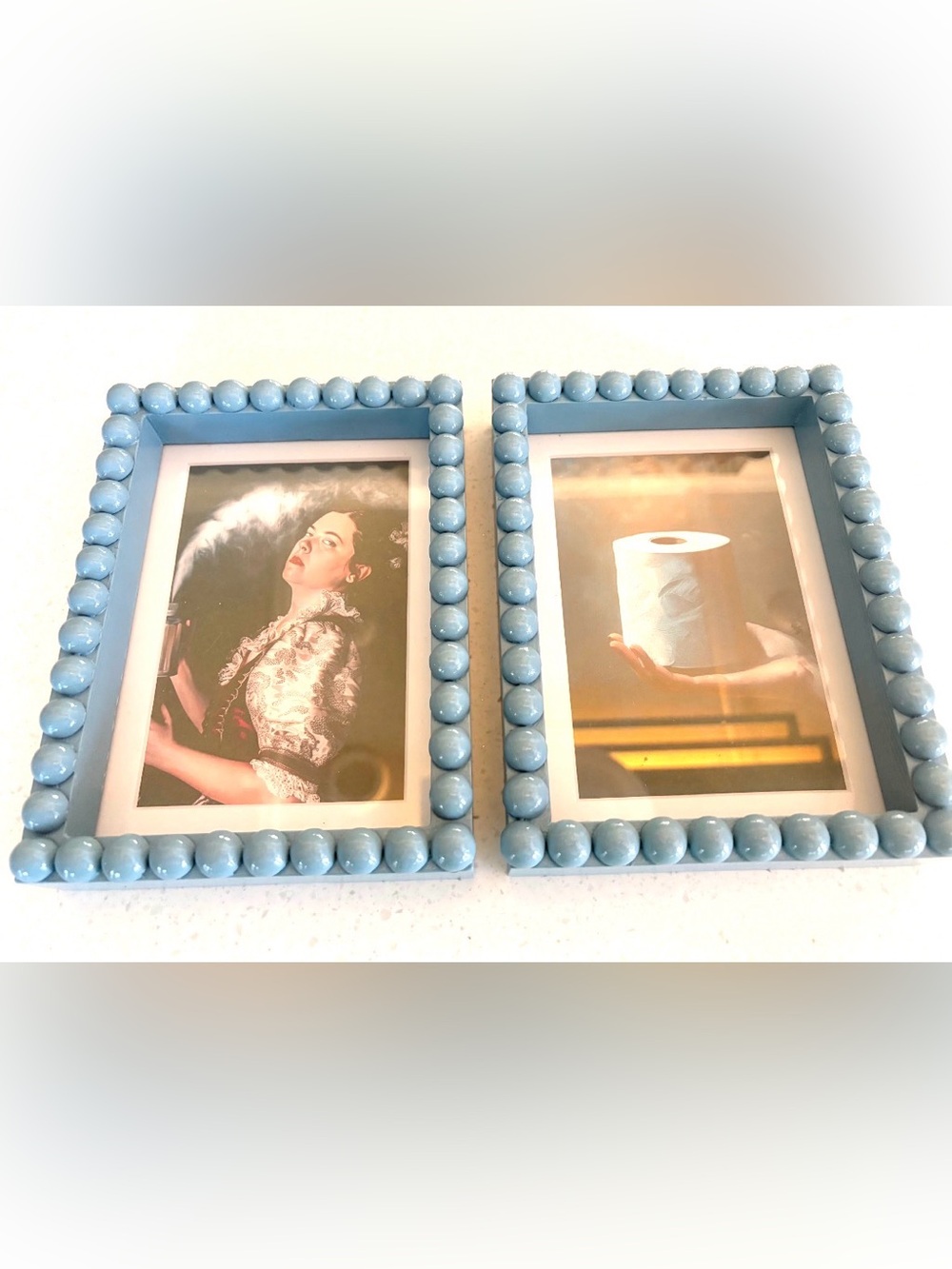 2 Beaded Light Blue 5x7 Photo Frames with Glass Funny Bath Art